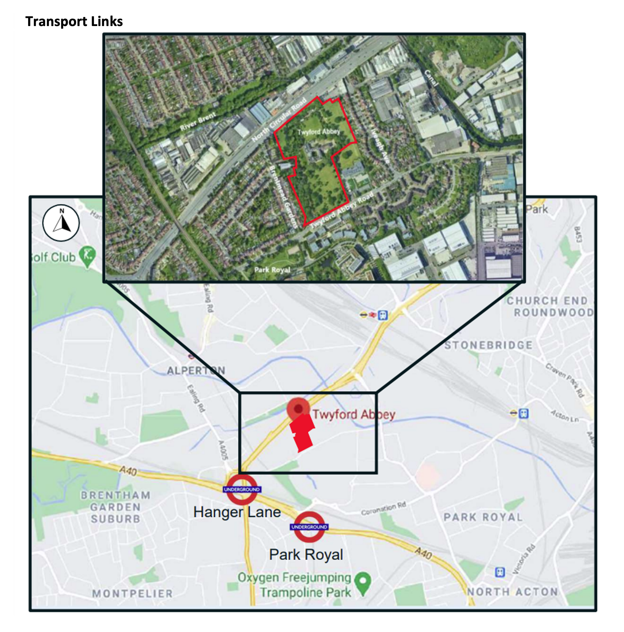 Transport map showing Twyford Abbey location